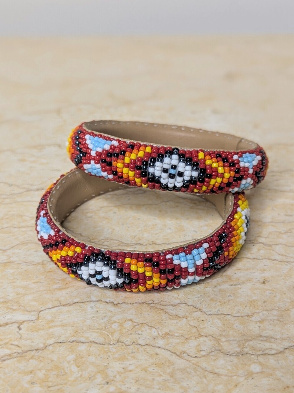 Vintage Handmade Pair Native American Colorful Beaded Round Bracelet Cuff